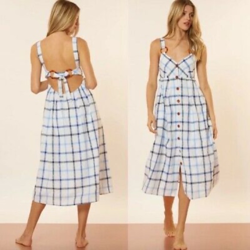 NWT Red Carter Summer White And Blue Plaid Linen Blend Midi Dress Size Large